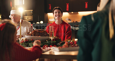Buy stock photo Smile, woman and serving food on Thanksgiving celebration, healthy meal and social gathering. Happy, family and hosting with cuisine nutrition of festive tradition, feast reunion and bonding at house