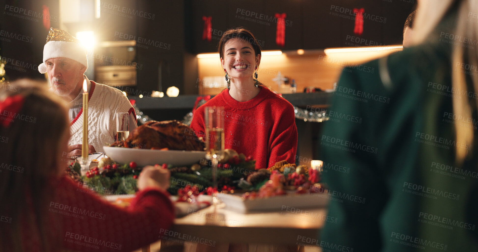 Buy stock photo Smile, woman and serving food on Thanksgiving celebration, healthy meal and social gathering. Happy, family and hosting with cuisine nutrition of festive tradition, feast reunion and bonding at house