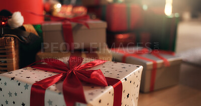 Buy stock photo Christmas, gifts and boxes with ribbons in home for santa surprise, miracle or festive celebration. Empty, closeup and presents with wrapping or packages for giving, December holiday or weekend