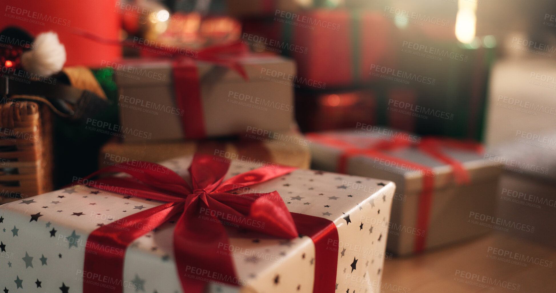 Buy stock photo Christmas, gifts and boxes with ribbons in home for santa surprise, miracle or festive celebration. Empty, closeup and presents with wrapping or packages for giving, December holiday or weekend