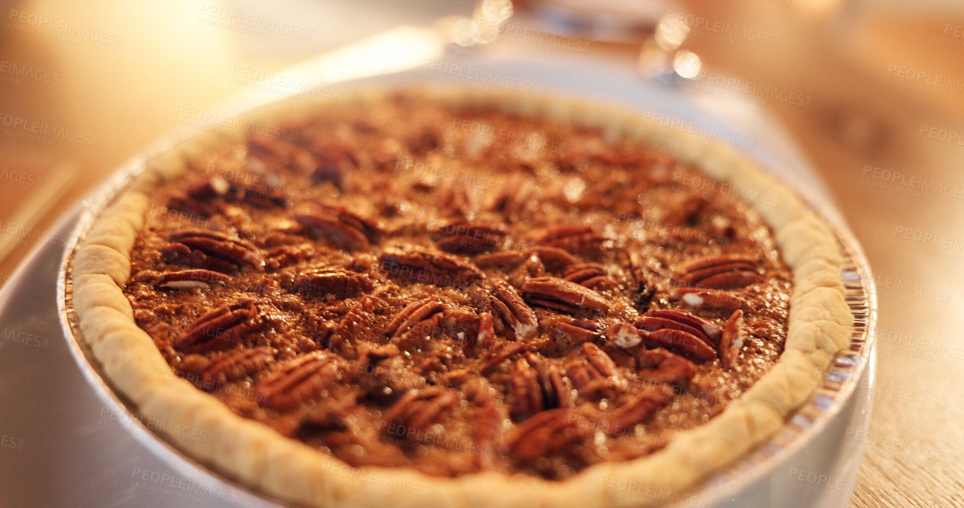 Buy stock photo Christmas cake, holiday and pecan pie on table for festive dessert, tradition and celebration. Sweet snack, event and xmas tart in home for pastry dish, party and traditional recipe for thanksgiving