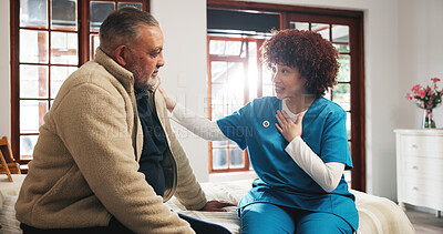 Buy stock photo Empathy, talking and nurse with senior man in bedroom for support, help and care in nursing home. Retirement, healthcare and caregiver with old person for comforting, conversation and consulting