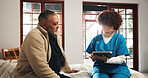 Senior man, caregiver and consulting with tablet on bed for schedule activity in retirement home. Nurse, help and discussion with elderly patient on technology for daily plan or routine in bedroom