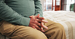 Senior person, anxiety and hands with arthritis in home with worry, stress and alzheimers. Retirement, thinking and man with concern in apartment with dementia, nervous or osteoporosis in bedroom