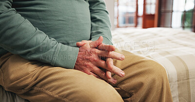 Buy stock photo Senior person, anxiety and hands with arthritis in home with worry or stress in apartment. Retirement, thinking and pensioner with reflection in bedroom, nervous and loneliness with osteoporosis