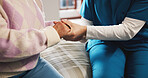 Senior woman, hands and nurse with empathy for healthcare, support or assisted living in home. Closeup, caregiver or sympathy with elderly patient for help or trust in retirement or old age house