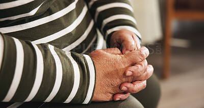 Buy stock photo Senior person, hands and anxiety in home with worry, stress and arthritis in apartment. Retirement, thinking and pensioner with reflection in living room, nervous and loneliness with osteoporosis