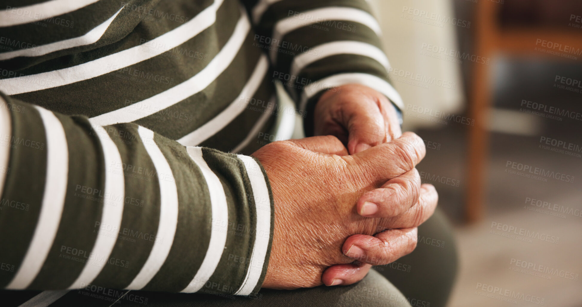 Buy stock photo Senior person, hands and anxiety in home with worry, stress and arthritis in apartment. Retirement, thinking and pensioner with reflection in living room, nervous and loneliness with osteoporosis