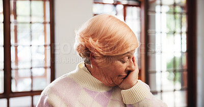 Buy stock photo Senior, sad woman and crying with emotion in retirement home for grief, loss or loneliness. Elderly, female person or tears with sadness or pain for mental health, stress or mourning in old age house