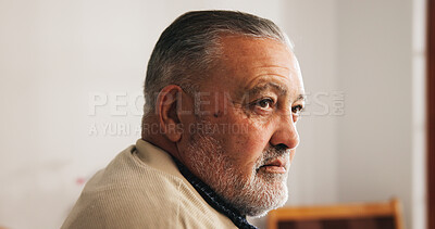 Buy stock photo Depressed, senior man and thinking in nursing home, loneliness and pensioner with Alzheimer and sad. Mental health, reflection and old person with dementia, remember and retirement in house or alone