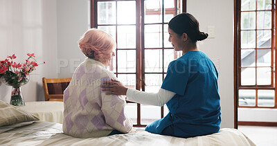 Buy stock photo Comforting, talking and nurse with senior woman in bedroom for support, help and care in nursing home. Retirement, healthcare and caregiver with old person for empathy, conversation and consulting