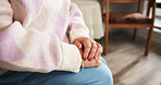 Trauma, stress and senior woman with depression in home with worry, anxiety and alzheimers. Retirement, closeup and nervous elderly person with concern in house with dementia, fear or osteoporosis