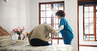 Buy stock photo Senior man, caregiver or helping patient on bed for assisted living or support in retirement home. Male person, nurse or assistance in bedroom with client for elderly care or nursing in old age house