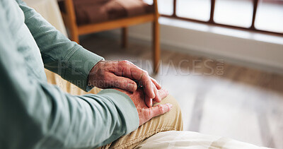 Buy stock photo Senior person, thinking and hands with arthritis in home with nostalgia, thoughts and alzheimers. Retirement, reflection and concern in apartment with dementia, memory loss or osteoporosis in bedroom
