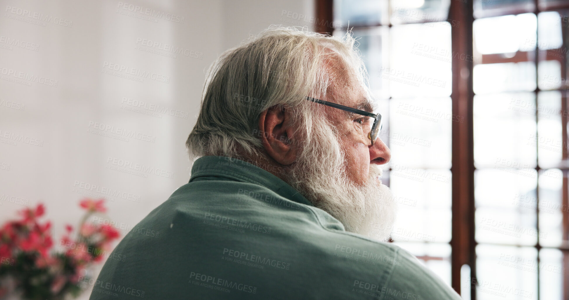 Buy stock photo Depressed, senior man and loneliness in nursing home, thinking and pensioner with Alzheimer and sad. Mental health, reflection and old person with dementia, remember and retirement in house or alone