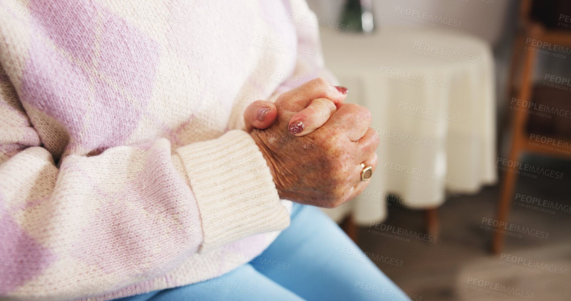 Buy stock photo Senior woman, stress and hands with hope in home with worry, anxiety and alzheimers. Retirement, closeup and nervous elderly female person with concern in house with dementia, fear or osteoporosis