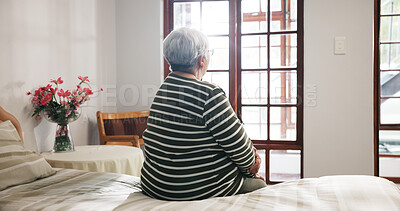 Buy stock photo Thinking, memory and back with old woman in home for reflection, retirement and Alzheimers. Sad, mental health and mindfulness with elderly person in apartment for loneliness, grief and dementia