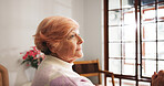 Thinking, memory and sad with old woman in home for reflection, retirement and Alzheimers. Memory, mental health na mindfulness with elderly person in apartment for loneliness, grief and dementia
