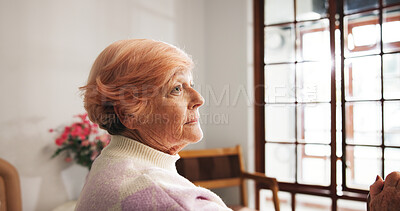 Buy stock photo Thinking, memory and sad with old woman in home for reflection, retirement and Alzheimers. Memory, mental health and mindfulness with elderly person in apartment for loneliness, grief and dementia