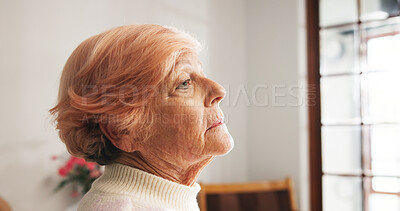 Buy stock photo Thinking, senior woman and sad at house for dementia, remember past and nostalgia memory. Lonely, elderly person and mental health for mourning loss, depression and decision for alzheimer at homecare