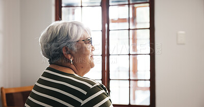Buy stock photo Thinking, elderly woman and smile at house with dementia, memory loss and nostalgia thoughts. Sad, senior person and reflection for loneliness, depression and decision for alzheimer treatment