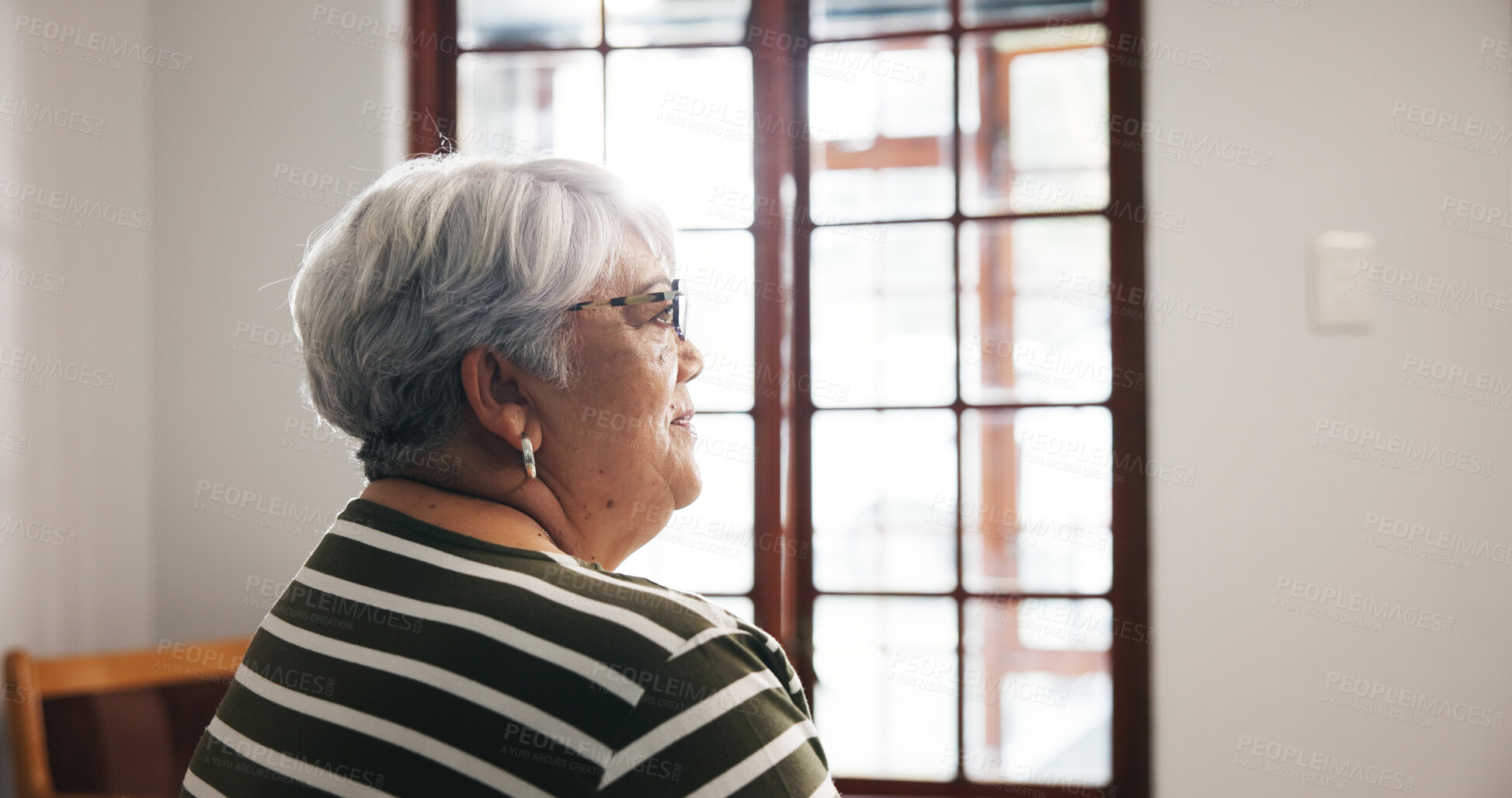 Buy stock photo Thinking, elderly woman and smile at house with dementia, memory loss and nostalgia thoughts. Sad, senior person and reflection for loneliness, depression and decision for alzheimer treatment