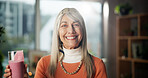 Smoothie, portrait and mature woman in home for healthy gut, benefits and wellness in morning. Kitchen, happy and person with protein shake, cocktail and beverage for digestion, nutrition and detox