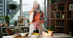 Smoothie, taste and mature woman with blender for healthy gut, benefits and wellness in kitchen. Happy, home and person with protein shake, cocktail and beverage for digestion, nutrition and detox