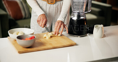 Buy stock photo Smoothie, fruit and cutting with hands of person in kitchen for wellness, drink, detox and healthy breakfast. Nutrition, weight loss and digestion with woman in home for vitamin c and protein shake 