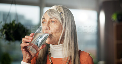 Buy stock photo Home, senior woman and drinking water for health, nutrition or wellness benefits. Glass, hydration and elderly person with liquid for detox, diet and natural beverage with electrolytes in retirement