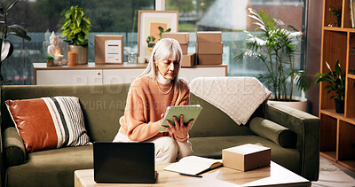 Buy stock photo Tablet, mature woman and box for ecommerce, logistics and check online for order with remote work. Package, technology and freelance entrepreneur in home for stock, shipping or quality control