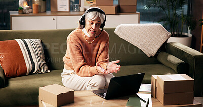 Buy stock photo Logistics, headset or woman with video call on laptop in home for online order, delivery FAQ or help. Remote work, mature person or customer support for package enquiry, courier service or assistance