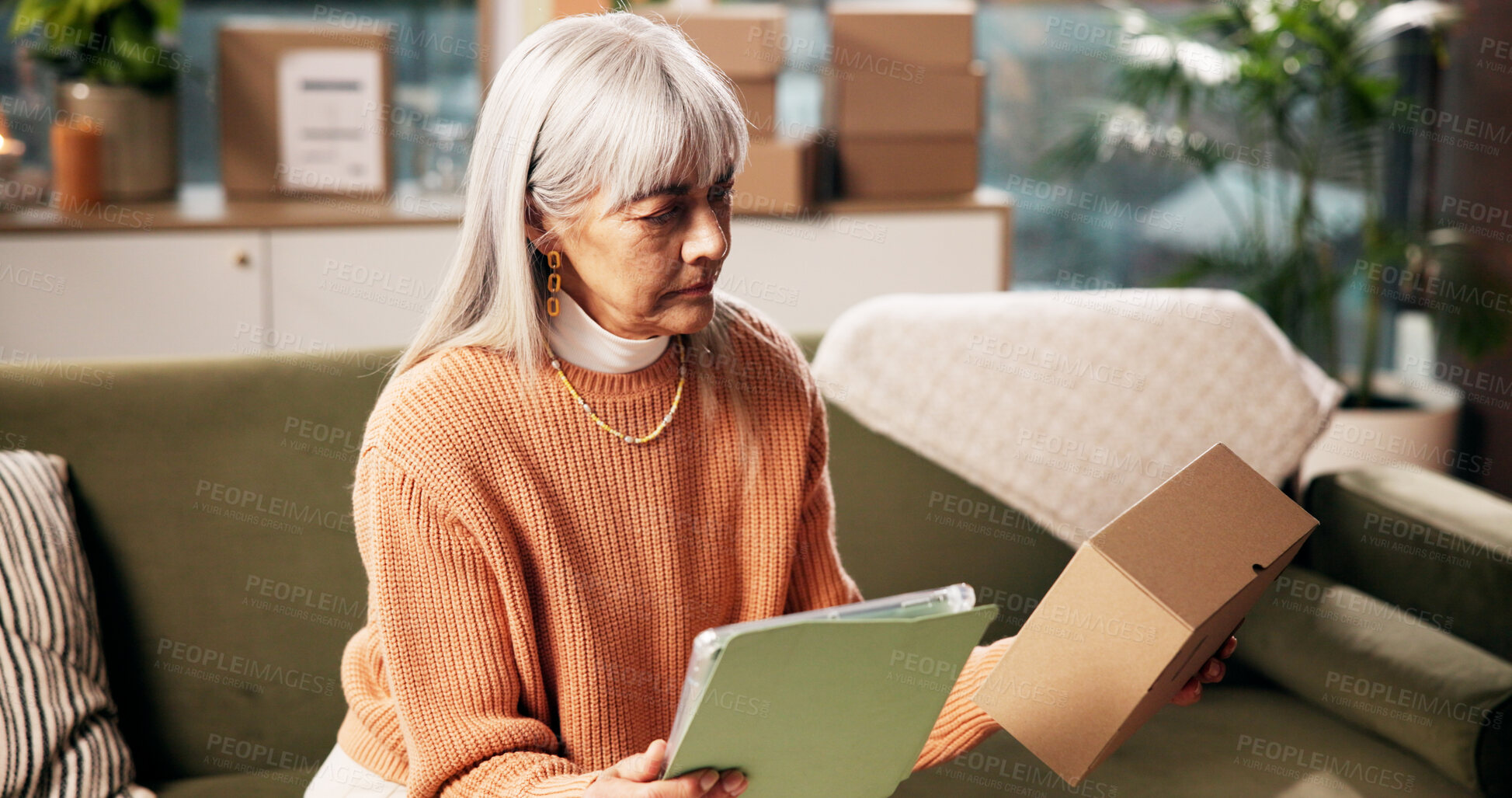 Buy stock photo Tablet, mature woman and check box for ecommerce, logistics and online app for order with remote work. Package, technology and freelance entrepreneur in home for stock, shipping or quality control