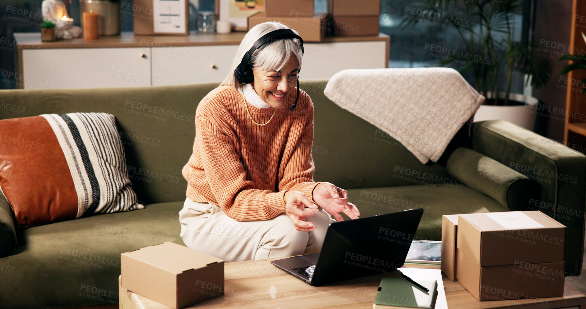 Buy stock photo Ecommerce, headset or woman with video call on laptop in home for online sale, delivery FAQ or help. Remote work, mature person or customer support for package enquiry, courier service or assistance