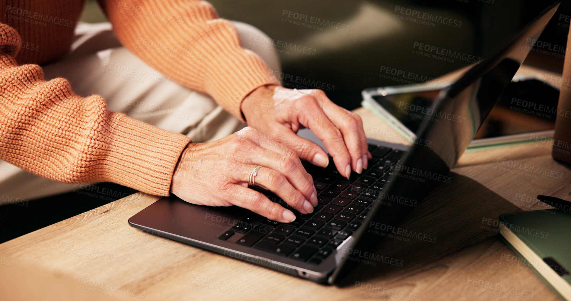 Buy stock photo Woman, hands and typing on laptop for research, remote work or website update for small business. Mature entrepreneur, keyboard or tech in home for email draft, network or internet search for startup