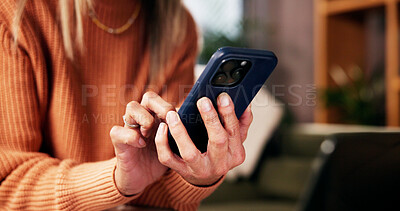 Buy stock photo Hands, phone and scroll on sofa in living room with notification, contact or texting on web in retirement home. Person, relax and smartphone for chat, mobile app and social media in lounge at house