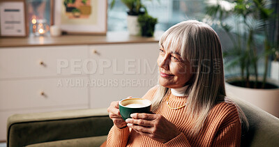 Buy stock photo Senior woman, coffee and thinking on sofa with happy memory, daydreaming and weekend break. Smile, relax and old person with warm beverage in home for wellness, nostalgia or reflection in living room