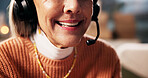 Mature woman, consultant and headset with mic for online communication or customer service in home. Closeup, mouth or agent with smile for remote work, network advice or telecommunications in house