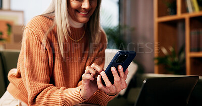 Buy stock photo Hands, phone or texting on sofa in living room with smile, contact or scroll on internet in retirement home. Mature person, relax or smartphone for chat, mobile app or social media in lounge at house