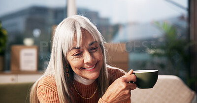 Buy stock photo Senior woman, coffee and thinking with smile, reflection and inspiration on sofa in retirement home. Person, relax and perspective with memory, happy and drink with tea cup in living room at house