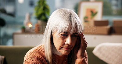 Buy stock photo Mature woman, headache and home with stress on sofa for fatigue, strain or overthinking. Female person, vertigo or pain with migraine, discomfort or dizziness for mental health or insomnia in house