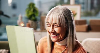 Buy stock photo Senior woman, happy and tablet in home with ebook, funny story and social media connection. Elderly person, technology and laugh in living room for retirement blog, comedy video and reading message