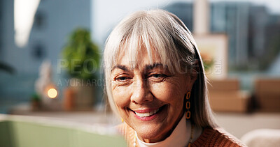 Buy stock photo Senior woman, smile and tablet in home with ebook, funny story or social media connection. Elderly person, technology or happy face in living room for retirement blog, comedy video or reading message