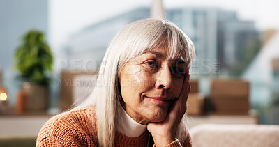 Buy stock photo Thinking, memory and relax with old woman on sofa for retirement, reflection and Alzheimer. Pensioner, vision and nostalgia with elderly person in living room of home for dementia and mindfulness