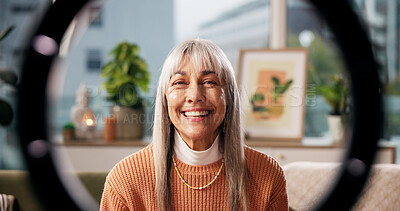 Buy stock photo Mature, happy woman and portrait with ring light for vlog, social media or online tutorial in home. Female person, pov or influencer with smile for recording, streaming or content creation in house