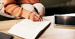 Hands, to do list and person writing on notebook in home for reminder, agenda or planning with ideas. Journal, notes and senior woman with diary for checklist, tasks and schedule with priority