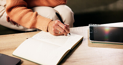 Buy stock photo Hands, to do list and person writing on notebook in home for reminder, agenda or planning with ideas. Journal, notes and senior woman with diary for checklist, tasks and schedule with priority