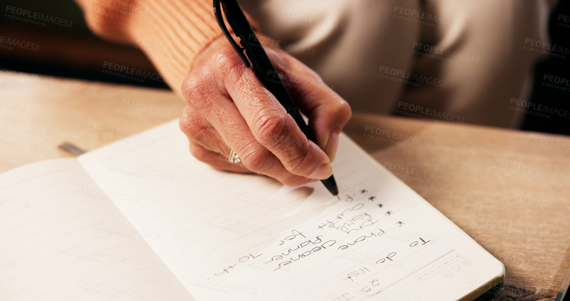Buy stock photo Senior, hands and notebook with writing in home for to do list, reminder or planner for alzheimers. Dementia, old person and diary for daily tasks, schedule and checklist to remember with memory loss