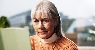 Buy stock photo Elderly woman, confused and tablet in home with network error, connectivity and reading troubleshoot. Senior person, tech and thinking in retirement with notification, unknown software and doubt news