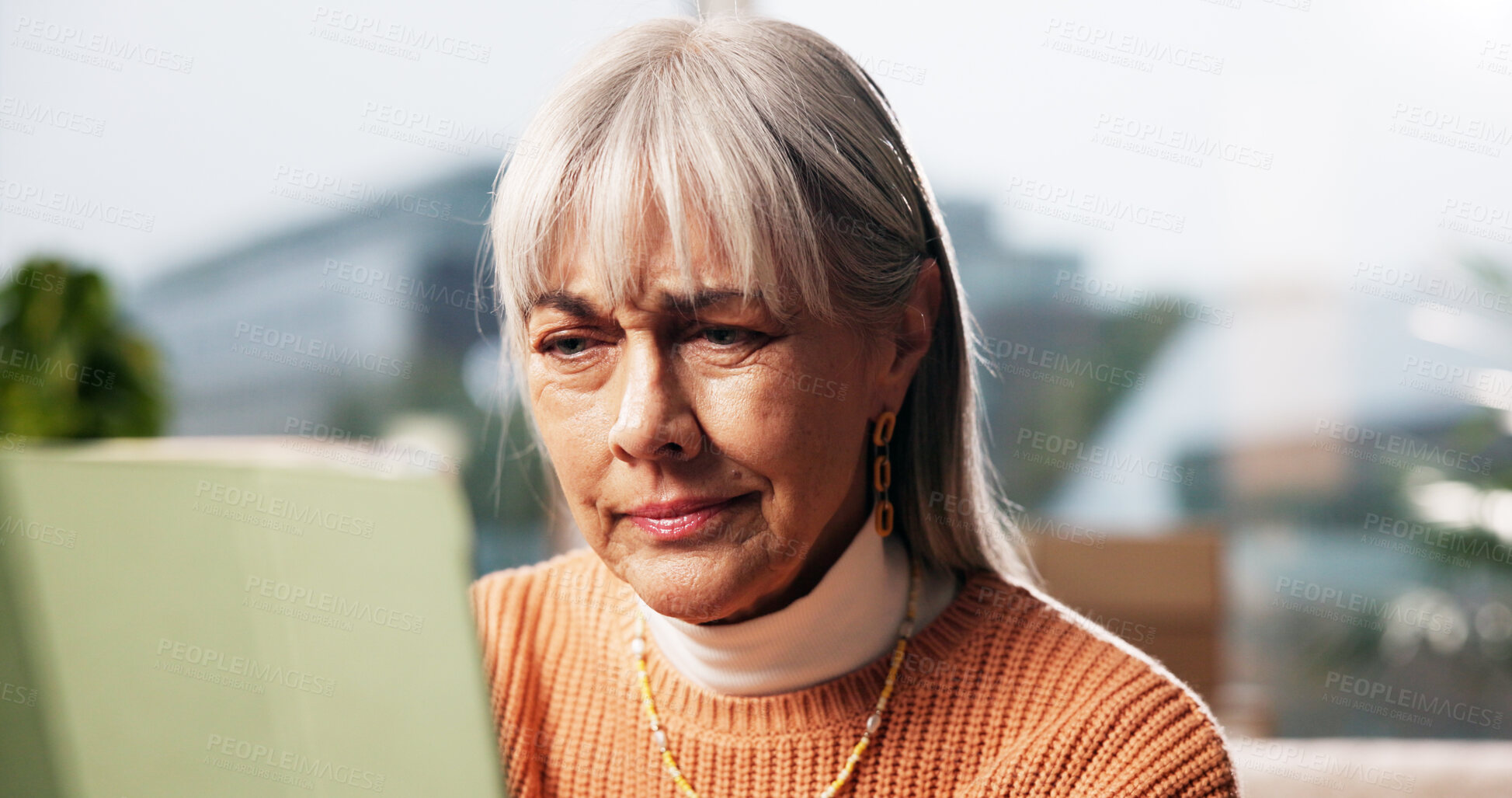 Buy stock photo Elderly woman, confused and tablet in home with network error, connectivity and reading troubleshoot. Senior person, tech and thinking in retirement with notification, unknown software and doubt news